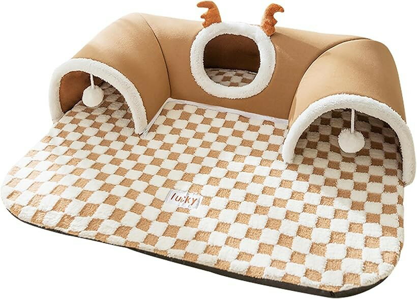 Bed Cuddler - 猫ベッド トンネル 犬 ふわふわ ペットマット 滑り止め ペットベッド 可愛い ペットハウス キャットマット 小型犬用 クッション 子猫 洗える (Aブラウン, XL(2～3匹))