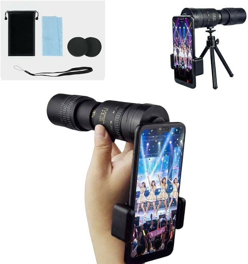 単眼鏡 高倍率 10-300x40 ズーム式 スマホ対応 BAK4 FMC 防水 軽量 三脚付き コンパクト 望遠鏡 アウトドア 観戦 社外品 (ブラック)
