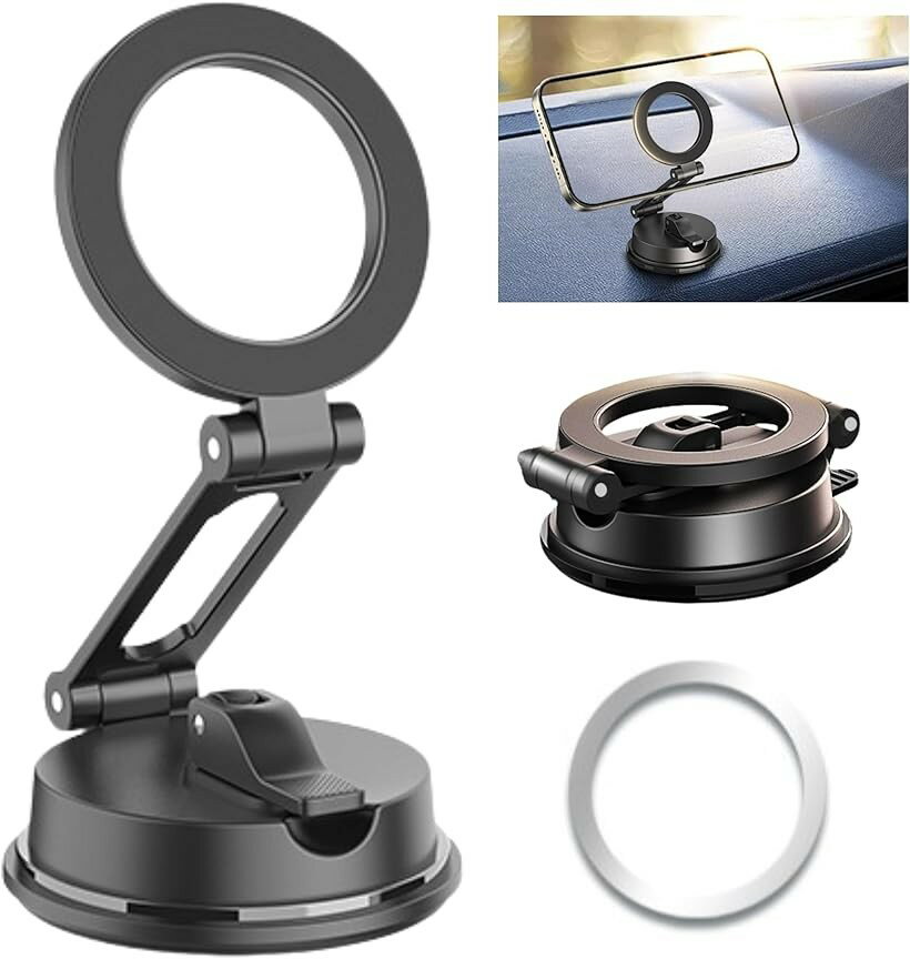車 スマホホルダー magsafe対応 吸盤式 マグネット式 360度回転 アルミ合金 折りたたみ スタンド ダッシュボード取付 (ブラック)
