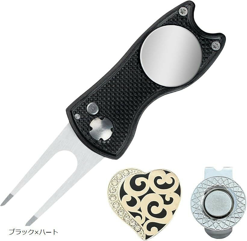 ゴルフ マーカー マグネット付 ハットクリップ グリーンフォーク セット コンペ景品 プレゼント (ブラックxハート)