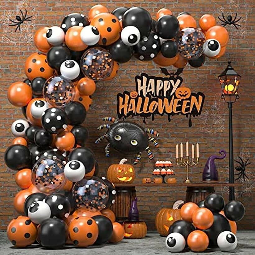 Rakuten - ハロウィン飾り バルーンセット 紙吹雪バルーン バルーンアーチ ラテックス風船 眼球 壁飾り 飾り付けセット 121点入 写真背景 (ブラック、オレンジ、ホワイト)