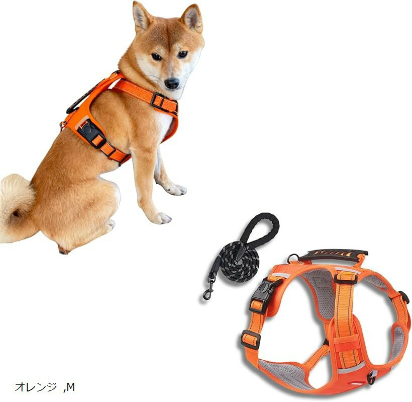 Harness Leash - 犬 ハーネス リード セット 小型犬 中型犬用 散歩 反射テープ付き 脱着簡単 軽量 通気性 (オレンジ, M)