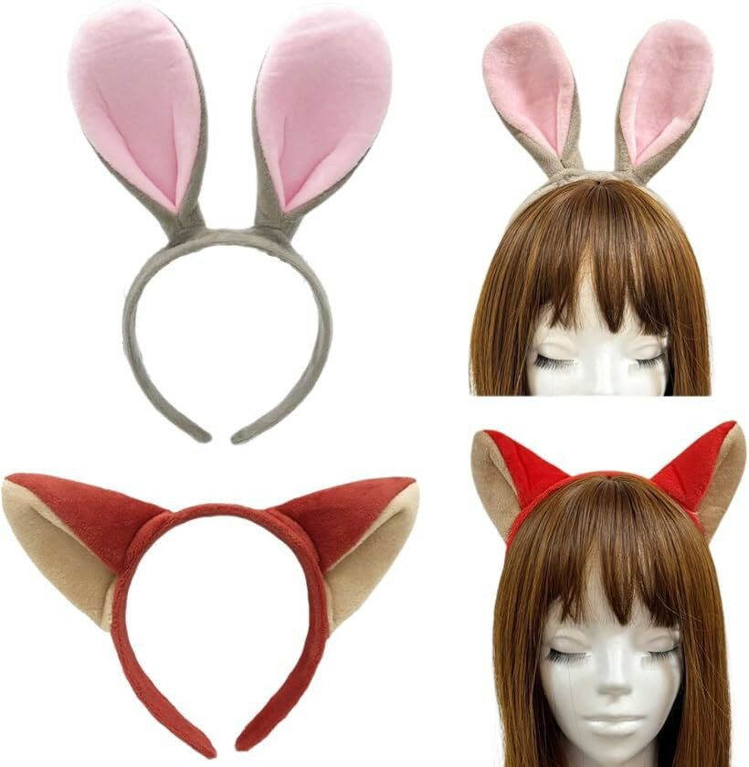 キツネ ウサギ カチューシャ 狐 兎 ペア コスプレ コスチューム ハロウィン 仮装 ペアルック 被り物 夢の国 (茶色、白, キツネ: 高さ: 約17cm、幅: 約22cm / ウサギ: 高さ: 約26cm、幅: 約19cm)