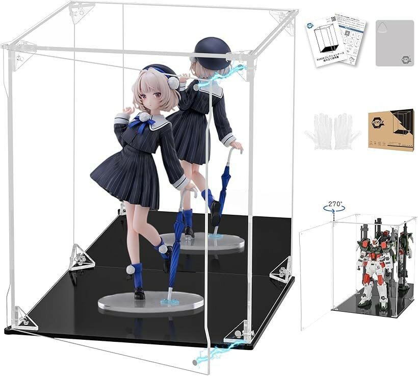 Collection Cases - フィギュアケース UVカット アクリルケース マグネット付き 前扉 コレクションケース ディスプレイケース ショーケース 組み立て式 防汚れ 手袋 クリーニングクロス付き (台座黒+背面ミラー, 幅20x奥行20x高さ25cm)