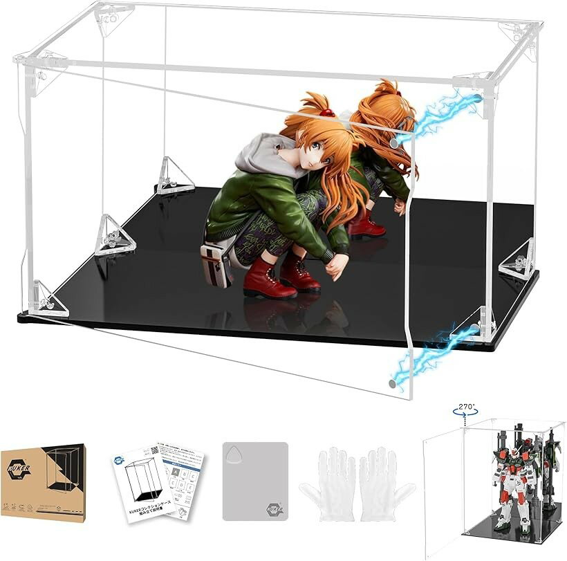 Rakuten - フィギュアケース UVカット アクリルケース マグネット付き 前扉 コレクションケース ディスプレイケース ショーケース 組み立て式 防汚れ 手袋 クリーニングクロス付き (台座黒+背面ミラー, 幅25x奥行15x高さ15cm)