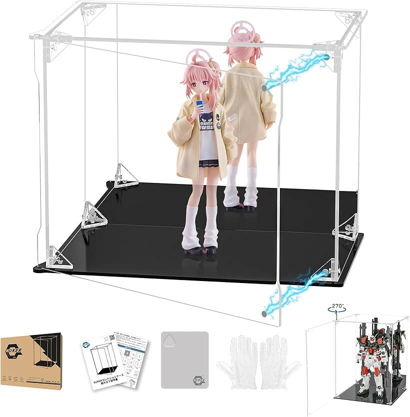 Collection Cases - フィギュアケース UVカット アクリルケース マグネット付き 前扉 コレクションケース ディスプレイケース ショーケース 組み立て式 防汚れ 手袋 クリーニングクロス付き (台座黒+背面ミラー, 幅25x奥行15x高さ20cm)