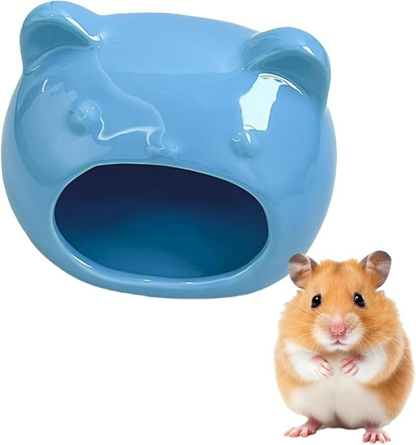 小動物用 陶器製 シェルター クマ型 ハムスター 隠れ家 ハウス ひんやり 寝床 大サイズ (ブルー, 大サイズ)