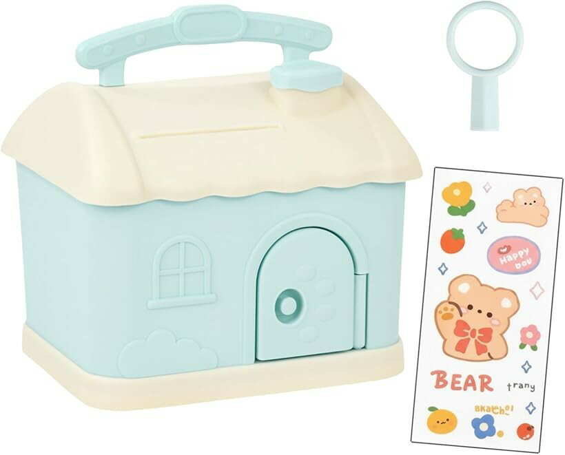 子ども用貯金箱鍵付きお家型学びながら貯める 知育玩具 プレゼント 男の子 女の子 お金の習慣 紙幣 コイン 両対応 (ミントブルー, ワン..