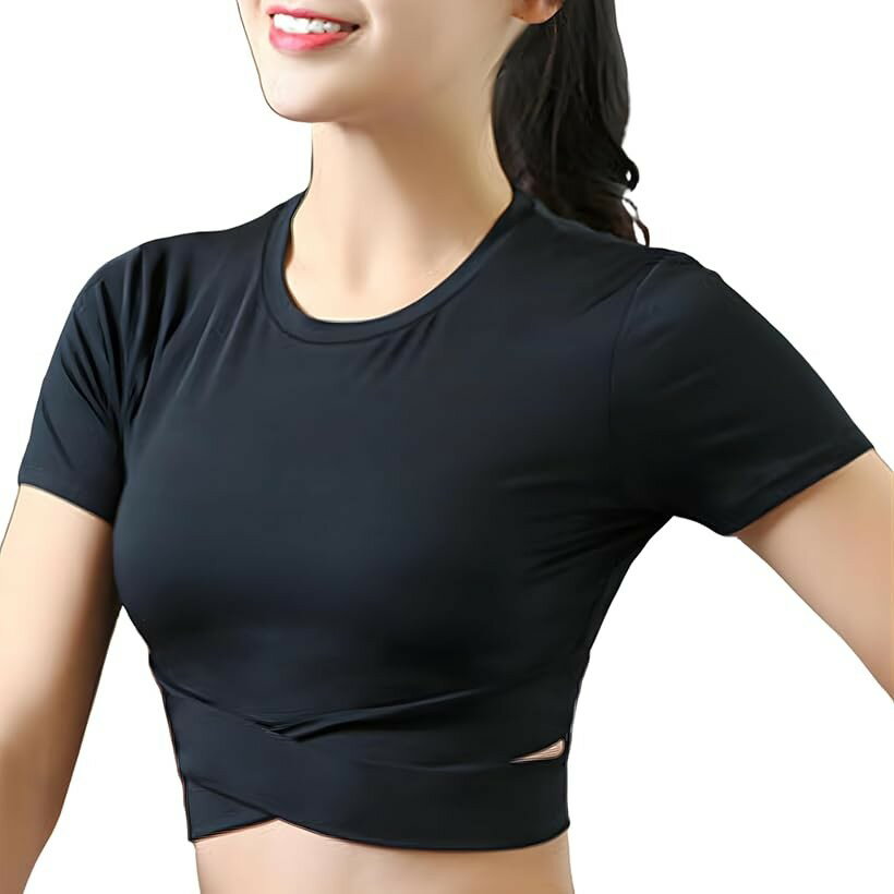 Three-Quarter - スポーツ 半袖 Tシャツ 速乾 ドライ 通気 伸縮 ストレッチ 性 無地 ウエスト シェイプ バック メッシュ レディース デザイン スリム タイト フィット 感 トップス ウェア (ブラック, M)