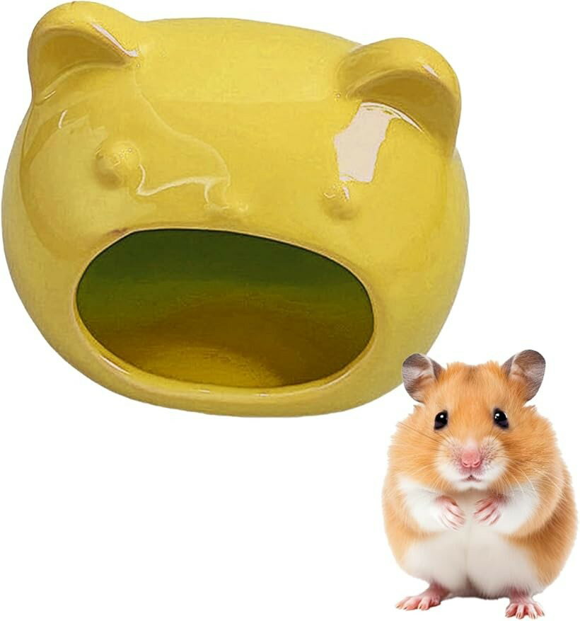 小動物用 陶器製 シェルター クマ型 ハムスター 隠れ家 ハウス ひんやり 寝床 大サイズ (イエロー, 大サイズ)