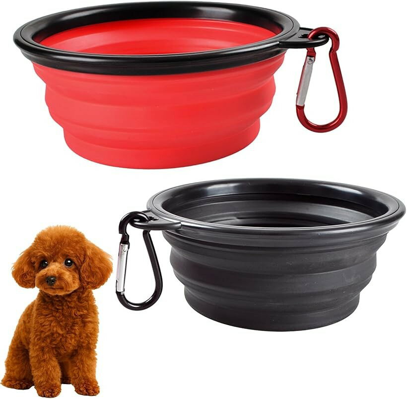 Tableware - ペットボウル 折りたたみ式 380ml 2個セット 携帯用 シリコン製 犬 猫 兼用 食器 皿 コンパクト収納 カラビナ付き アウトドア ドッグラン 旅行 散歩用 (ブラック＆レッド)