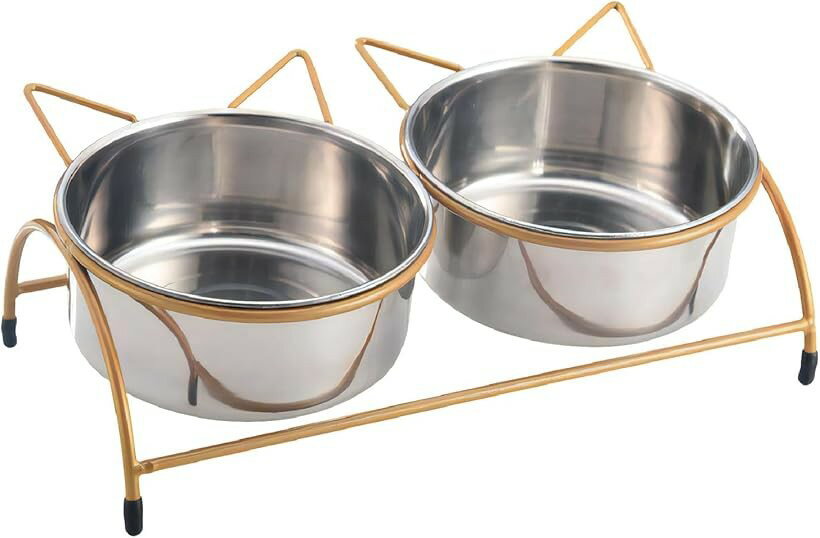 Tableware - FISHBOMB 猫 餌台 フードボウル ペット 食器 ステンレス 斜め ご飯台 滑り止め (ゴールド, 中＆ダブル)