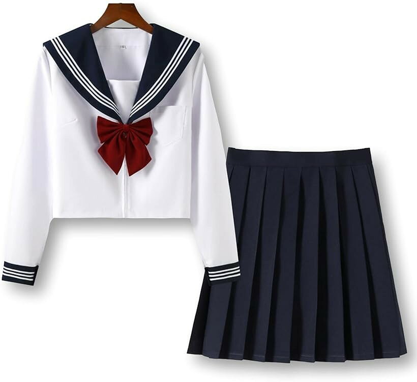 セーラー服 コスプレ 女子高生 制服 長袖 プリーツスカート 無地 リボン 3点セット 大きいサイズ (ホワイト, 4XL)
