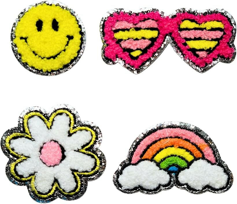 Rakuten - ワッペン アイロン接着 サガラ刺繍 アイロンワッペン アップリケ 入園準備 目印 補修 女の子 ポップ 4枚セット (白、黄色、ピンク、銀、オレンジ、青、黄緑, スマイル4.6x4.6cm， ハート4x8.)