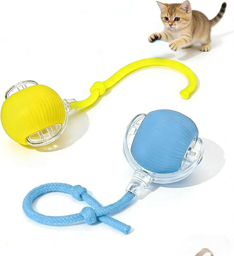 猫用おもちゃボール 電動自動動きおもちゃ 自動猫ボールおもちゃ インタラクティブ猫ボール USB 充電式 360 度回転 ローリングボール 尻尾付き ねこじゃらし (青と黄色)