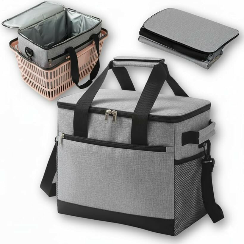 Cooler Box - クーラーボックス 保冷バッグ レジカゴバッグ 大容量 折り畳み 35L クーラーバッグ ソフトクーラボックス 断熱 保温 防水 軽量 手持ち 肩掛け キャンプ 釣り 花火 BBQ (グレー)
