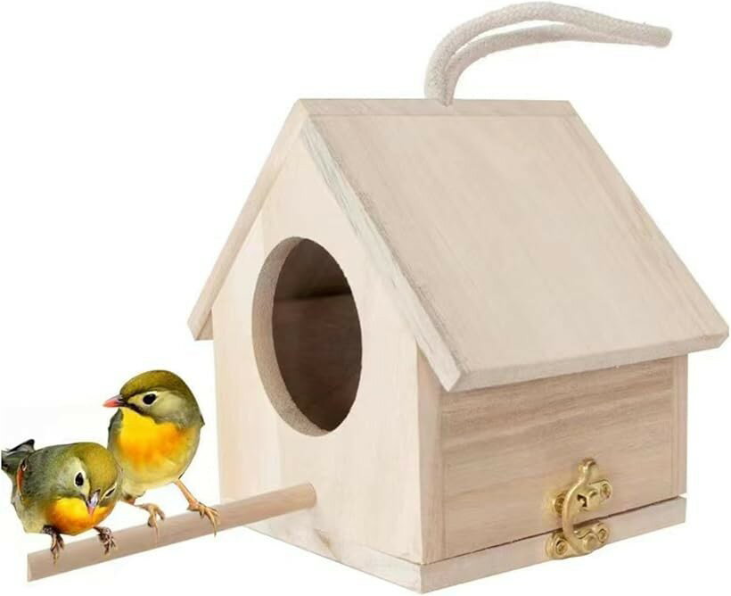 小鳥ハウス 木製バードハウス 鳥用巣箱 インコ用ハウス バードネスト 小鳥休憩スペース 吊り下げ式 鳥かごアクセサリー 保温巣箱 飼育用品 止まり木 (木色, 約14cmx11cmx14cm)
