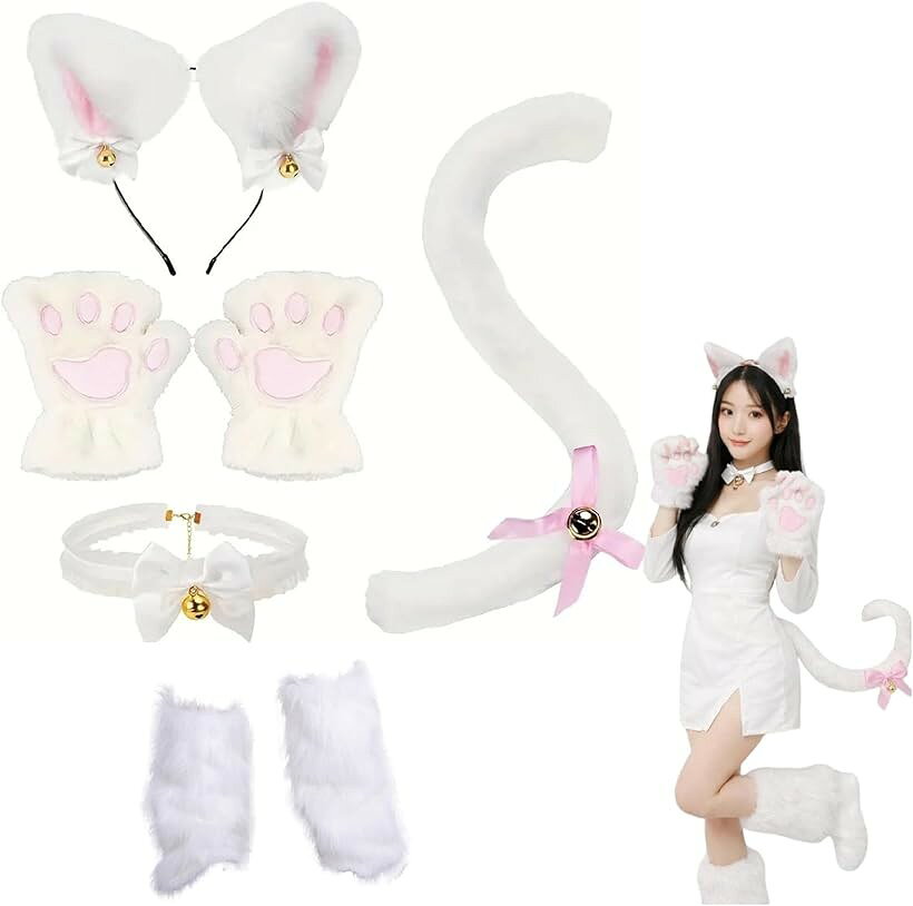 猫 コスプレ 小物 7点セット 猫耳 カチューシャ レッグカバー コスチューム 白猫 黒猫 可愛い  ...