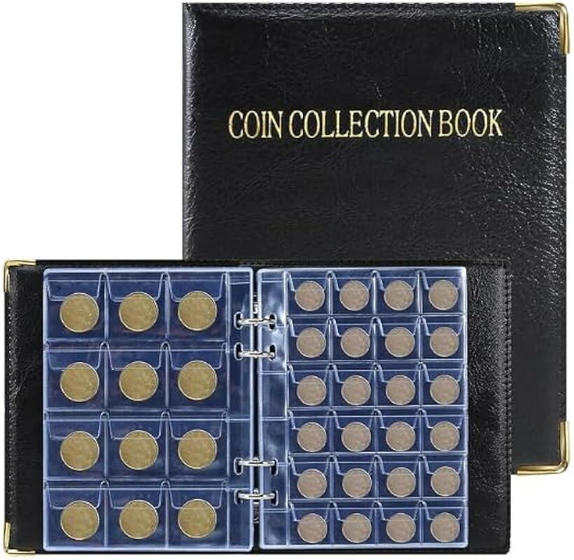 Currency Related Goods - コインアルバム 360枚収納 コインファイル 2種類のポケットサイズ 3x3cm / 4x4cm PUレザー 記念硬貨 古銭 貨幣 コレクション 保存 ホルダー (ブラック)