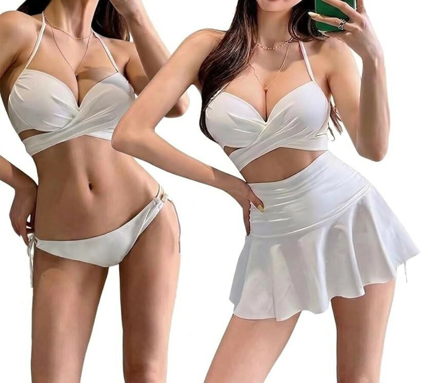 Rakuten - クロスデザイン ビキニ レディース かわいい 可愛い おしゃれ お洒落 人気 大人 10代 20代 30代 海水浴 水泳 ワイヤーなし 三角ビキニ リボン セパレート 水着 (ホワイト, M)