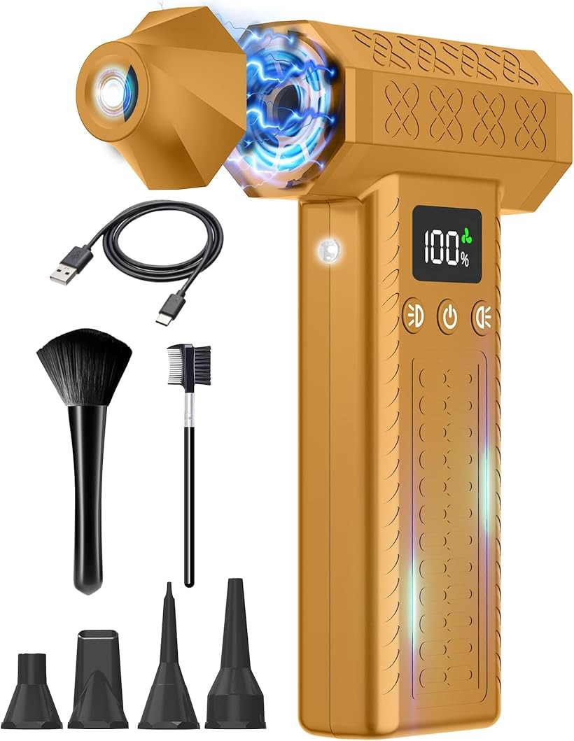 充電式エアダスター 強力＆小型ミニブロワー 電動 カメラブロアー 30 0000RPM＆120m/s＆8000mAh＆3段風力階調整 すきまブラシとノズル付 残量表示 pc/キーボード/パソコン掃除 (イエロー)