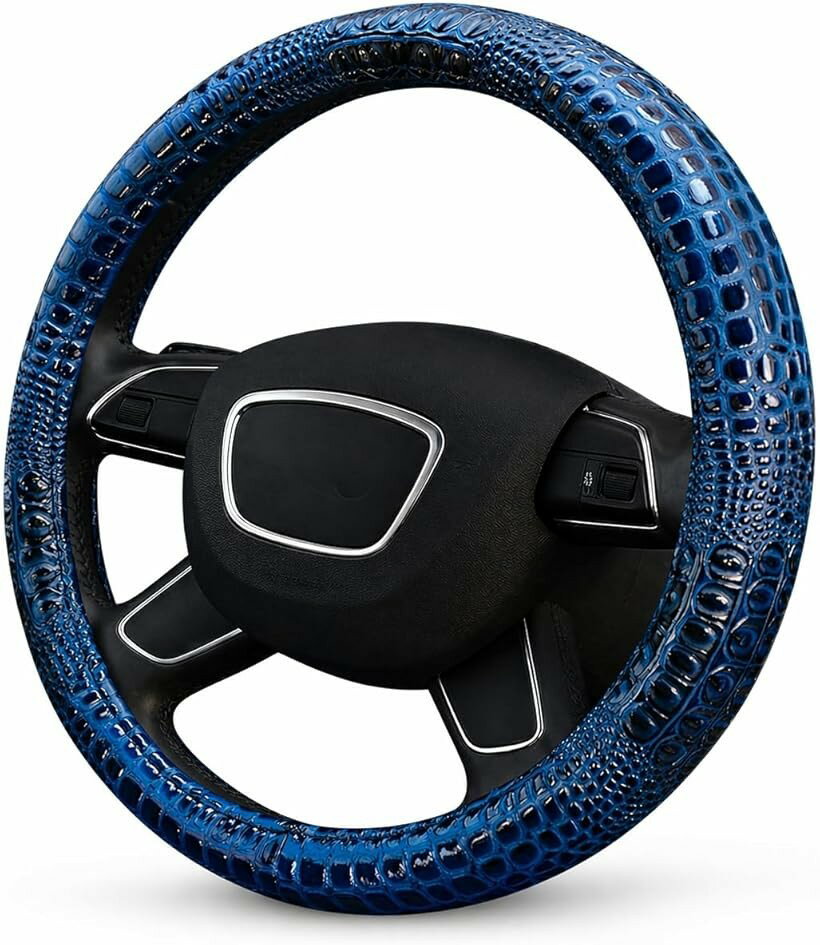 ハンドルカバー ステアリングカバー クロコダイル柄 PUレザー 滑り止め 汚れ防止 38cm 軽自動車 普通車 汎用 (ブルー)
