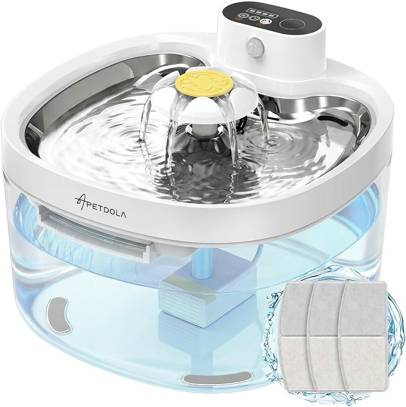 ワイヤレス猫用自動給水器 95fl-oz/2.8L ステンレス製トレイ・充電式ペット用給水器 猫・犬兼用 (透明, 本体＋交換用フィルター3個付き)