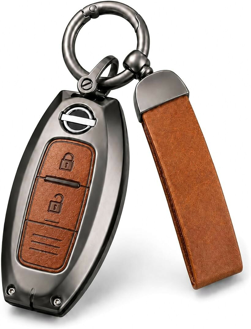 日産車対応 スマートキーケース 亜鉛合金＆レザー ガンメタル 全面保護カバー キーホルダー付き (ブラウン)