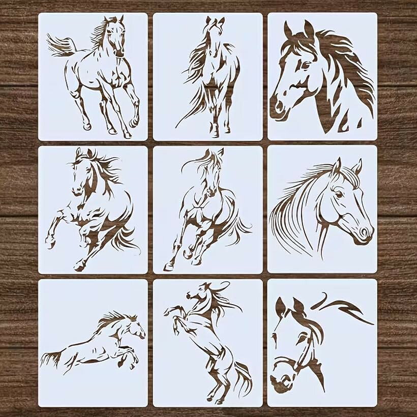 リアルホースステンシルシート 実物のような馬 描画テンプレート DIY 手書きアート 再利用可能 絵画 塗装 手芸 アルバム 手記 (ホワイト, 9枚セット)