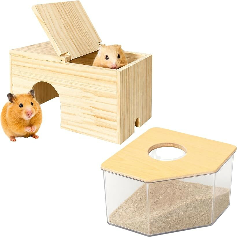 ハムスター ハウス 家 木製 隠れ家 小屋 天然木 巣箱 小動物 モルモット ハリネズミ うさぎ 屋根が開く 掃除しやすい 通気 おしゃれ 寝床 ケージ (ナチュラル, ハウス＋砂浴びトイレ セット)