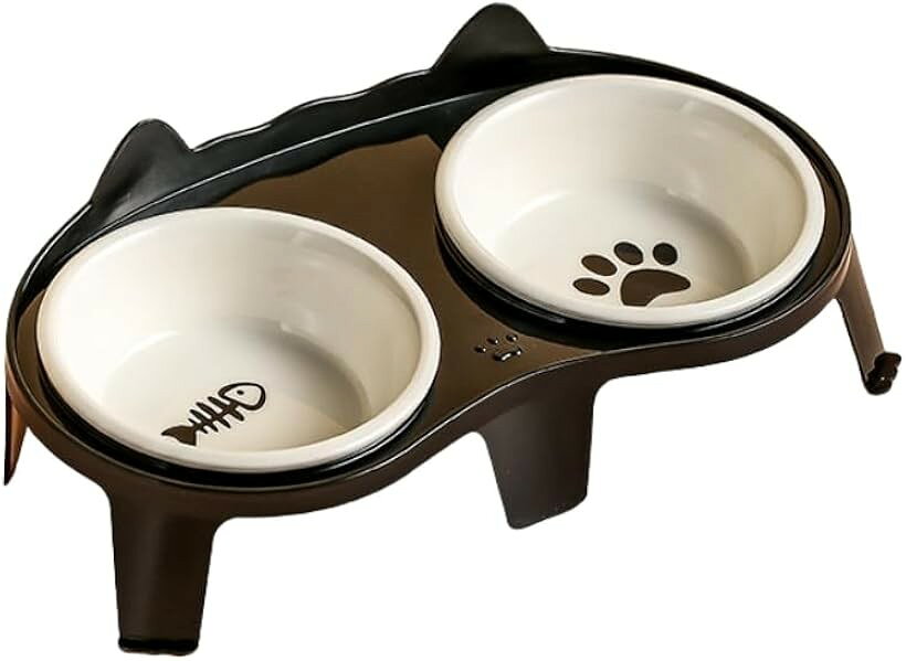 猫耳デザイン陶器ボウル付き猫用食器セット 15°傾斜の高さ付きスタンドで首の負担軽減・2ボウル仕様 (黒)