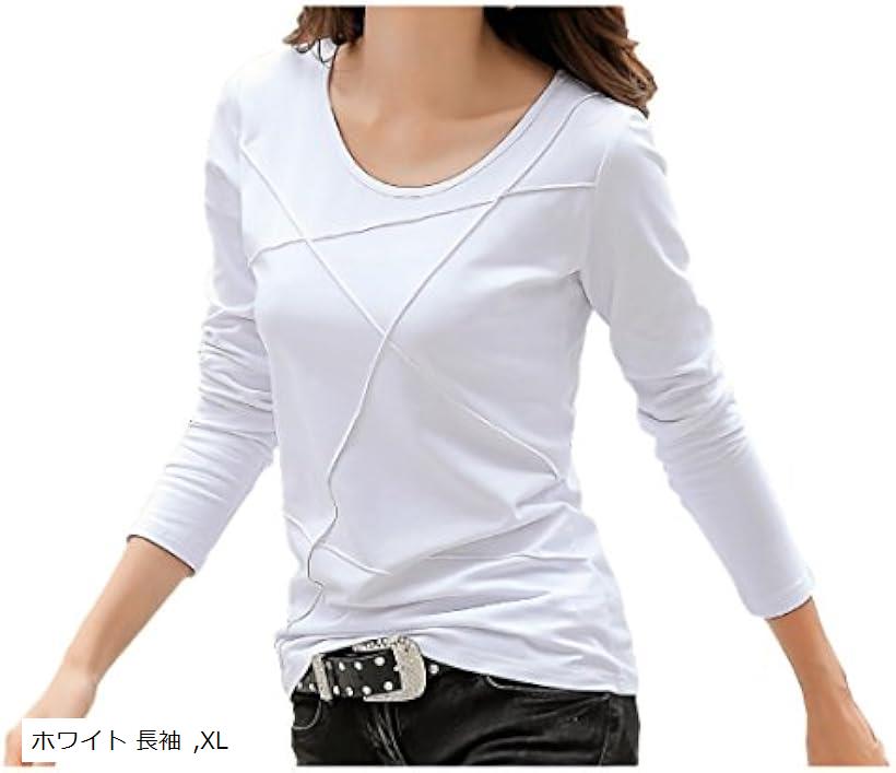 無地 デザイン ティーシャツ ラウンドネック Tシャツ レディース( ホワイト 長袖, XL)のサムネイル