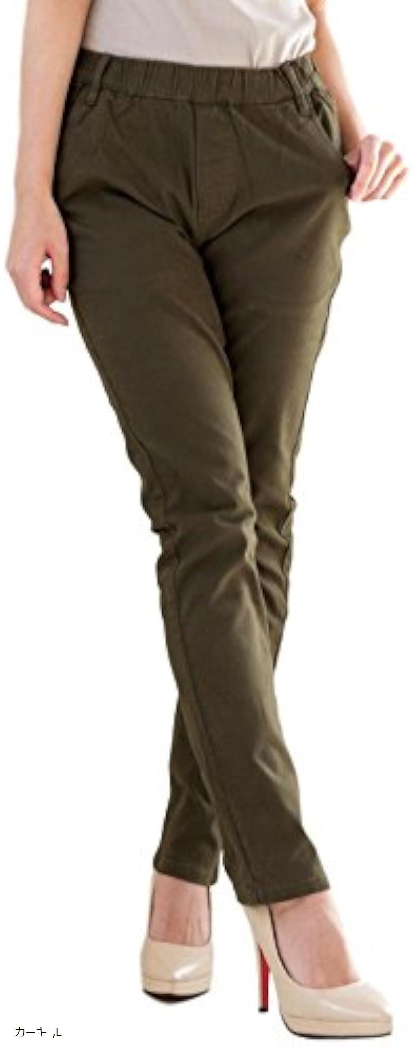 ツイル スキニー ストレッチ パンツ ゴム レディース (カーキ, 02-L)