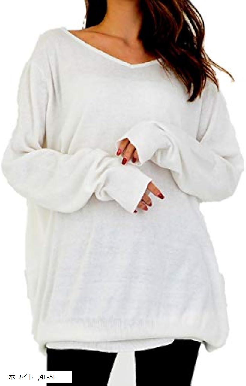 スリーピングシープ ゆったり ちょいなが Vネック コットン ニット 無地 ロング セーター シンプル チュニック 大きいサイズ レディース ホワイト 4L-5L (ホワイト, 4L-5L)