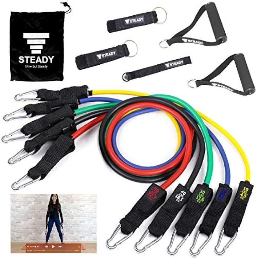 STEADY ステディ フィットネスチューブ トレーニングチューブ 強度別5本セット 収納ポーチ・日本語トレーニング動画付 ST104 高強度ゴムチューブ トレーニング用 肩 大胸筋 背中 脚 お尻 太もも ダイエット(黒、赤、黄、青、緑)のサムネイル