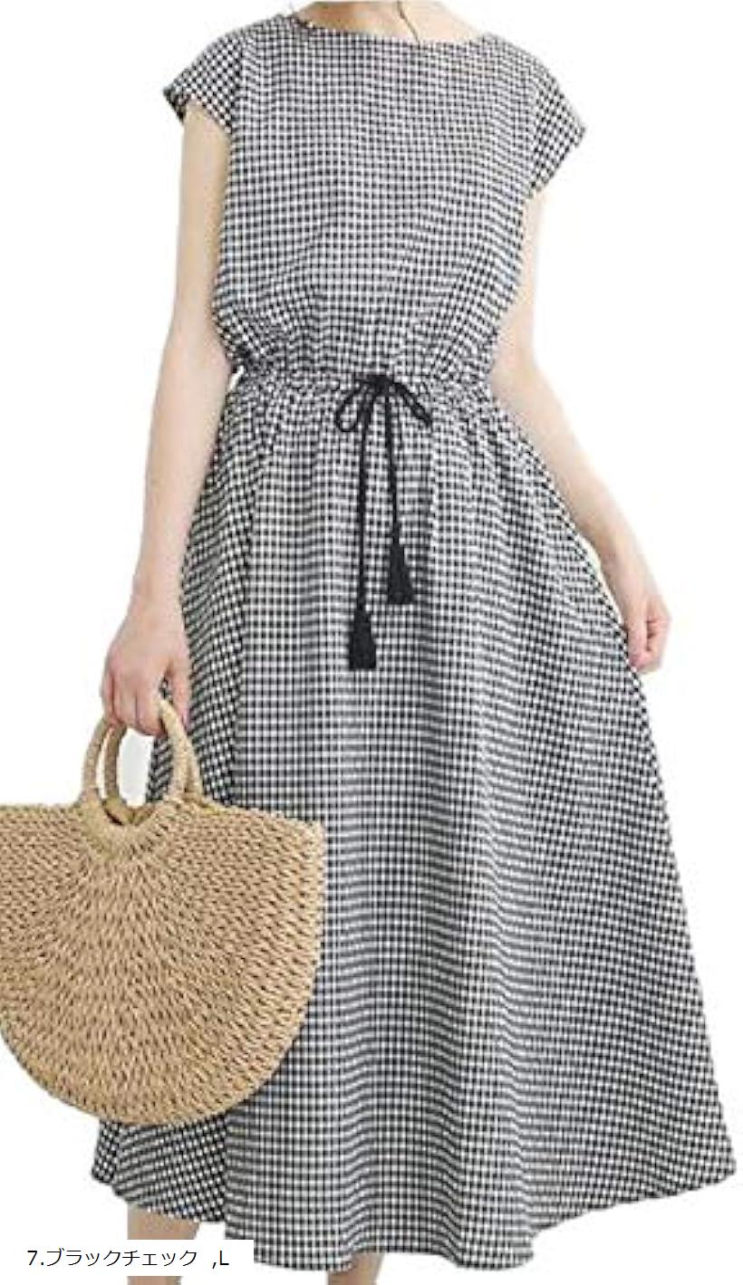 スリーピングシープ かわいい タッセル リボン付き フレンチスリーブ ゆったり ロング丈 シンプル ナチュラル ワンピース 2.Lサイズ(7.ブラックチェック, 2.Lサイズ)