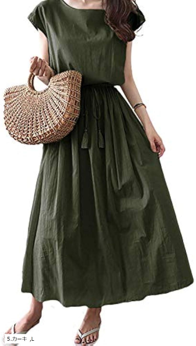 スリーピングシープ かわいい タッセル リボン付き フレンチスリーブ ゆったり ロング丈 シンプル ナチュラル ワンピース 2.Lサイズ(5.カーキ, 2.Lサイズ)