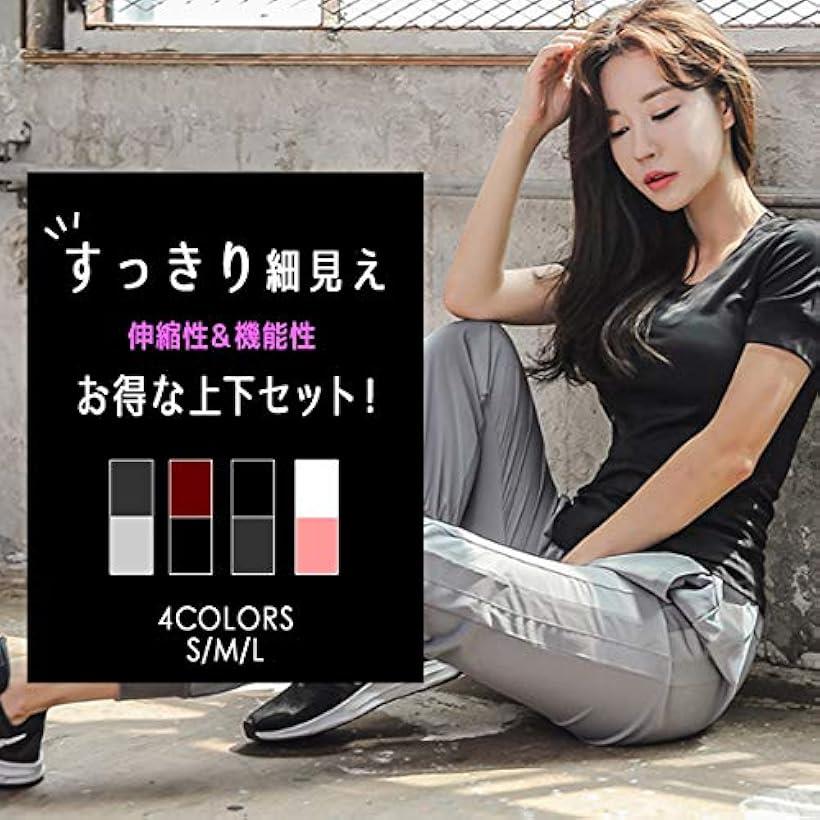 ヨガウェア レディース 上下セット ジム スポーツウェア 半袖 Tシャツ 2点セット 伸縮性 吸汗速乾(レッド/ブラック, S)