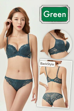 ブラジャー ショーツ 女性 下着 セット 谷間 メイク 紐 改良 可愛い セクシー ランジェリー 緑 色 モス グリーン サイズ(3:モスグリーン, S)