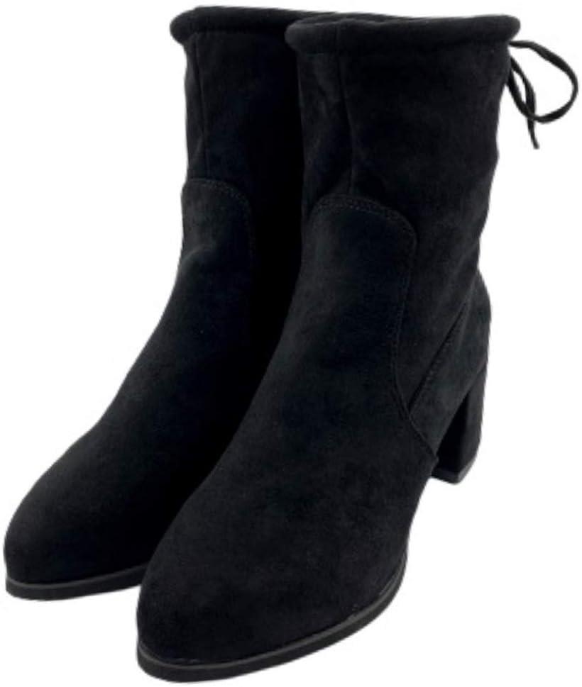 ストレッチブーツ ショート レディース スエード 太ヒール 黒 ソックスブーツ 6cm 23.5 (ブラック, 23.5 cm)