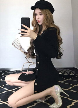 かわいい タイト 長袖 ニット セクシー カシュクール ミニ ワンピース おしゃれ レディース オフショルダー ファッション ギャル 服 ルームウェア ブラック,(ブラック, M)