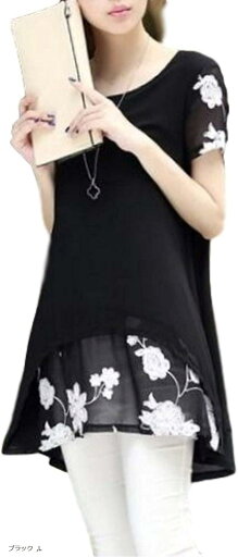 アスペルシオ レイヤード 花柄 シースルー チュニック 半袖 フリル レディース(ブラック, L) アスペルシオ レイヤード 花柄 シースルー チュニック 半袖 フリル レディース(ブラック, L)