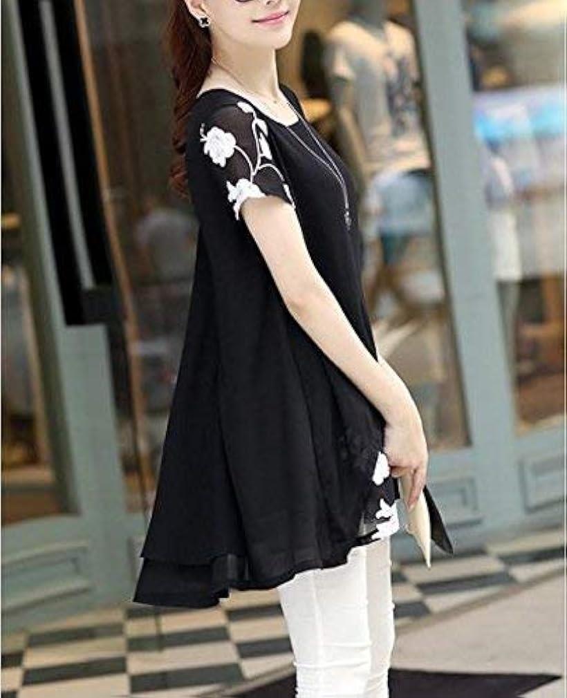 アスペルシオ レディース シンプル レイヤード 花柄 シースルー チュニック 重ね着 風 半袖 フリル トップス ティアード カフスリーブ シフォン フラウンス ラッフル ストレート フラワー はながら 刺繍 ラッセル(ブラック, L)