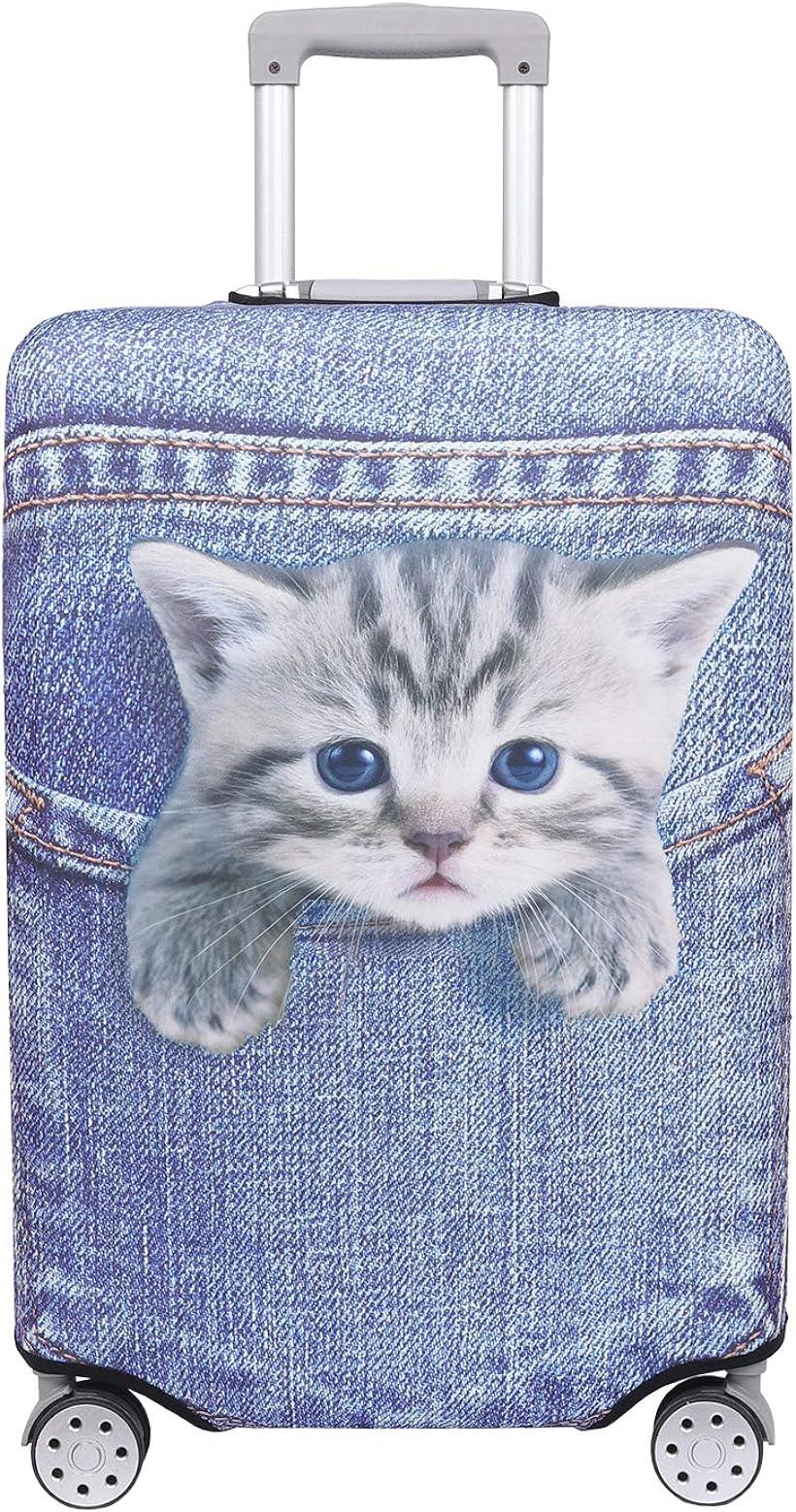 【こもれび屋】スーツケース 保護 カバー かわいい イヌ ネコ デニム トランクケース キャリーケース 伸縮 旅行 OD13 (猫 トラ（ブルー）, XL)