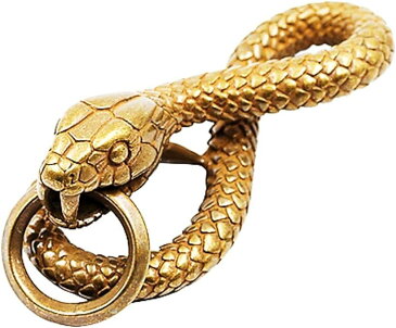 ST TS ヘビ キーホルダー 真鍮 蛇 キーリング キーチェーン ゴールド ストラップ 金運 風水 縁起物(ゴールド)