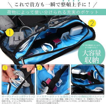 ケーブル 収納 トラベル ポーチ 旅行 メンズ ガジェットポーチ 便利(外装:ブラッグ/内装:ブルー)