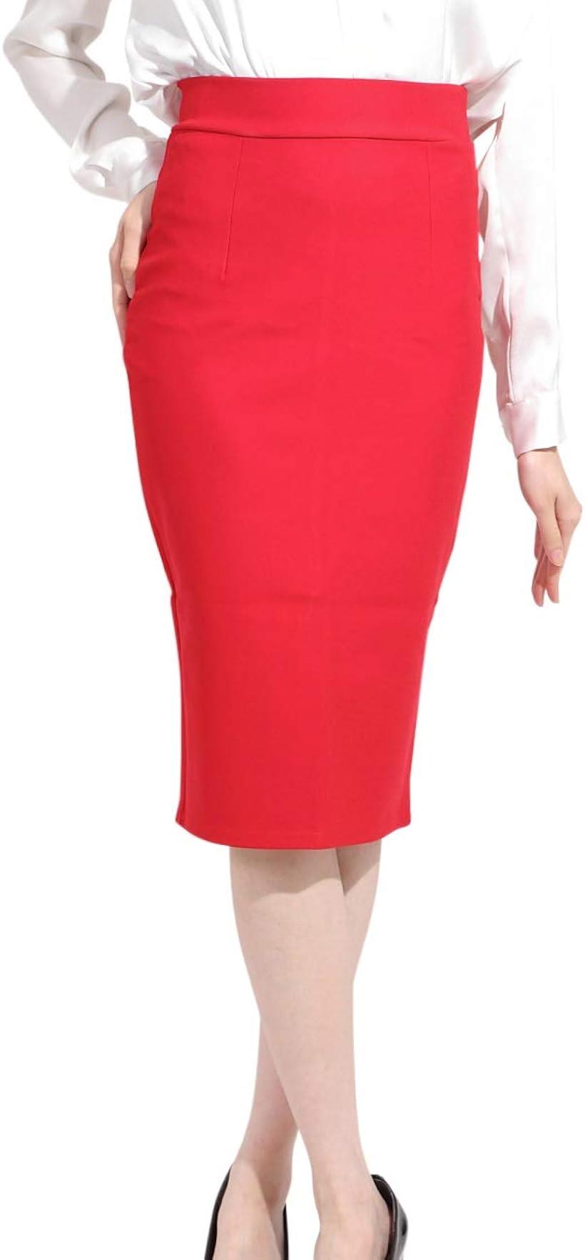 ペンシル スカート タイト 大きいサイズ ひざ下 ミディ丈 オフィス スーツ 用 バックスリット e543(レッド, M)