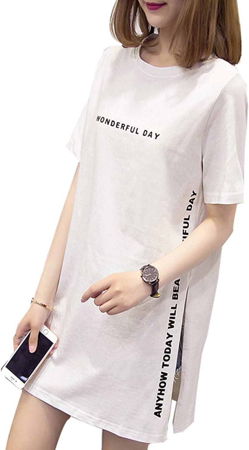  レディース シンプル ベーシック 半袖 ロゴ プリント ロング Tシャツ チュニック丈 カットソー トップス(ホワイト,M)