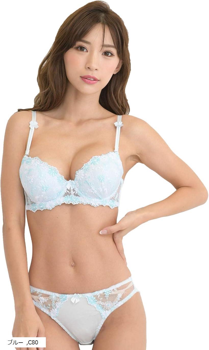 レディース ブラ ブラジャー ショーツ 下着 上 セット 女性 カップ 取り外し(ブルー, C80)