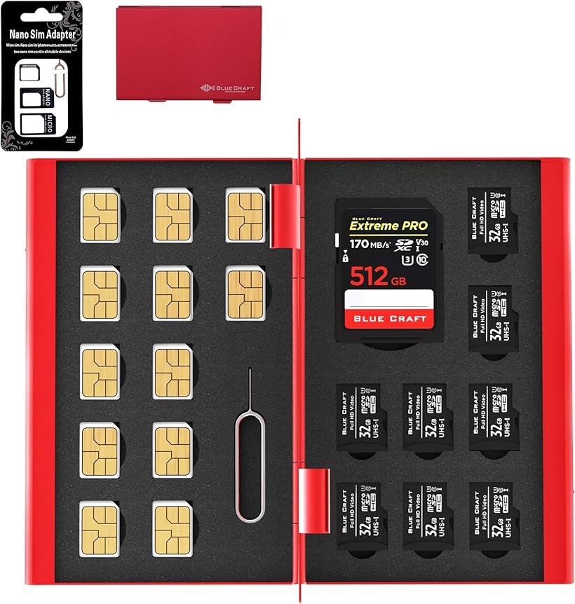 BLUECRAFT SIM・SDカード 収納ケース アルミ両面タイプ 最大21枚収納 nanoSIM12枚 SD1枚 microSD8枚 SIM変換アダプタ 取出ピン付属